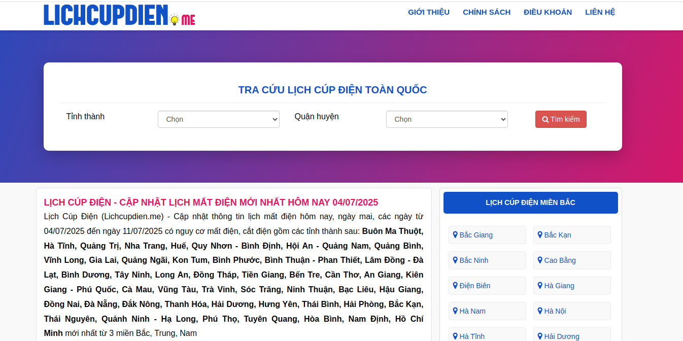 Tìm kiếm thông tin lịch cúp điện theo tỉnh, huyện